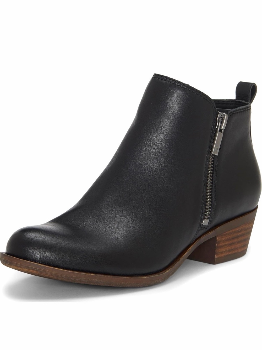 NEW- Lucky Brand Black Leather Ankle Boot with Side Zip and Stacked Heel